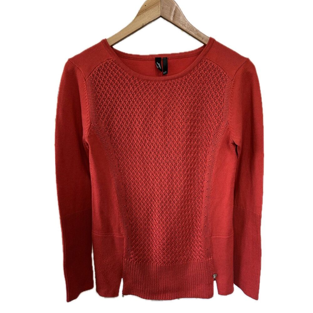 Ravel Women's Mixed Knit Crochet Cross-Stitched Front Splits Sweater XS